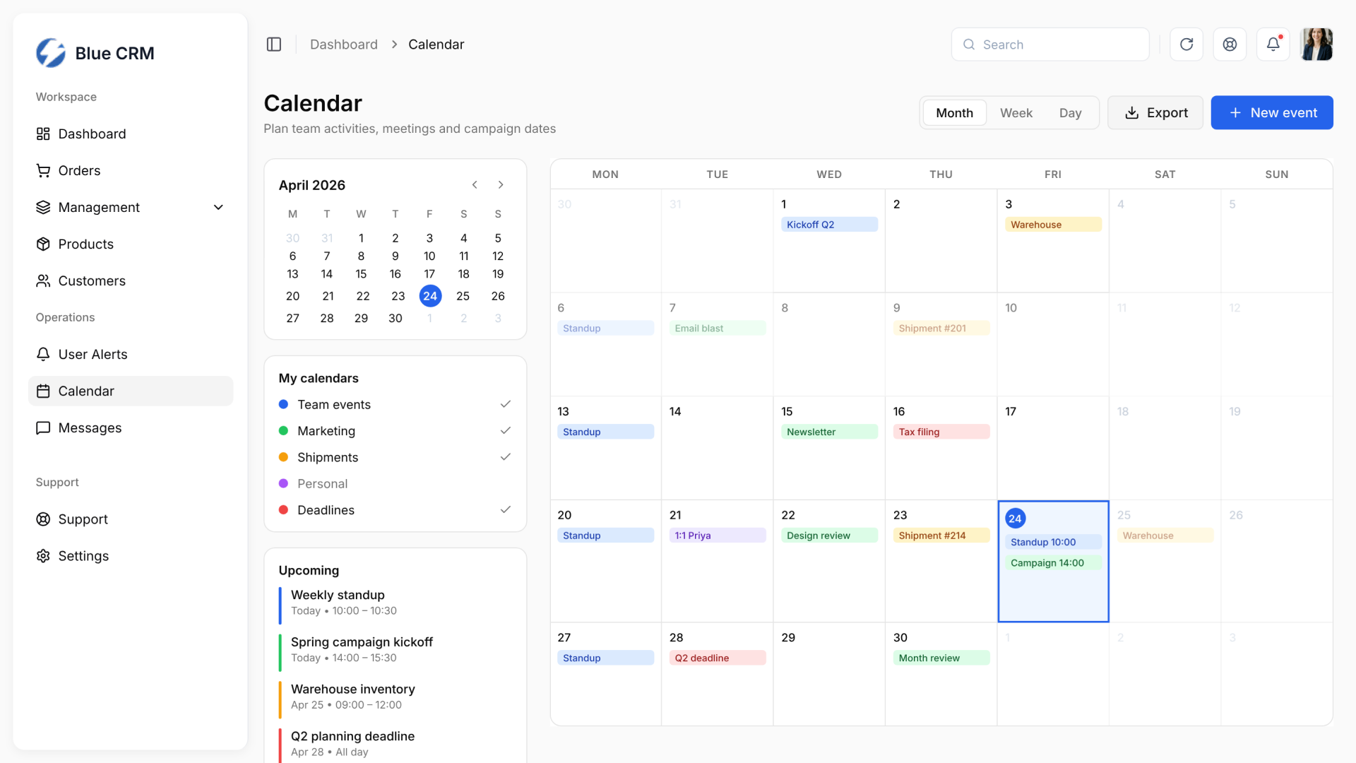 Blue CRM – calendar with month view, calendar categories and upcoming events